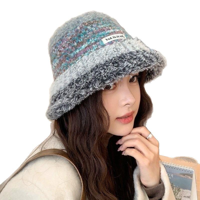 Women's Color Block Knitted Fisherman Hat - Warm, Thick, with Ear Protection & Large Brim, Perfect for Autumn/Winter.