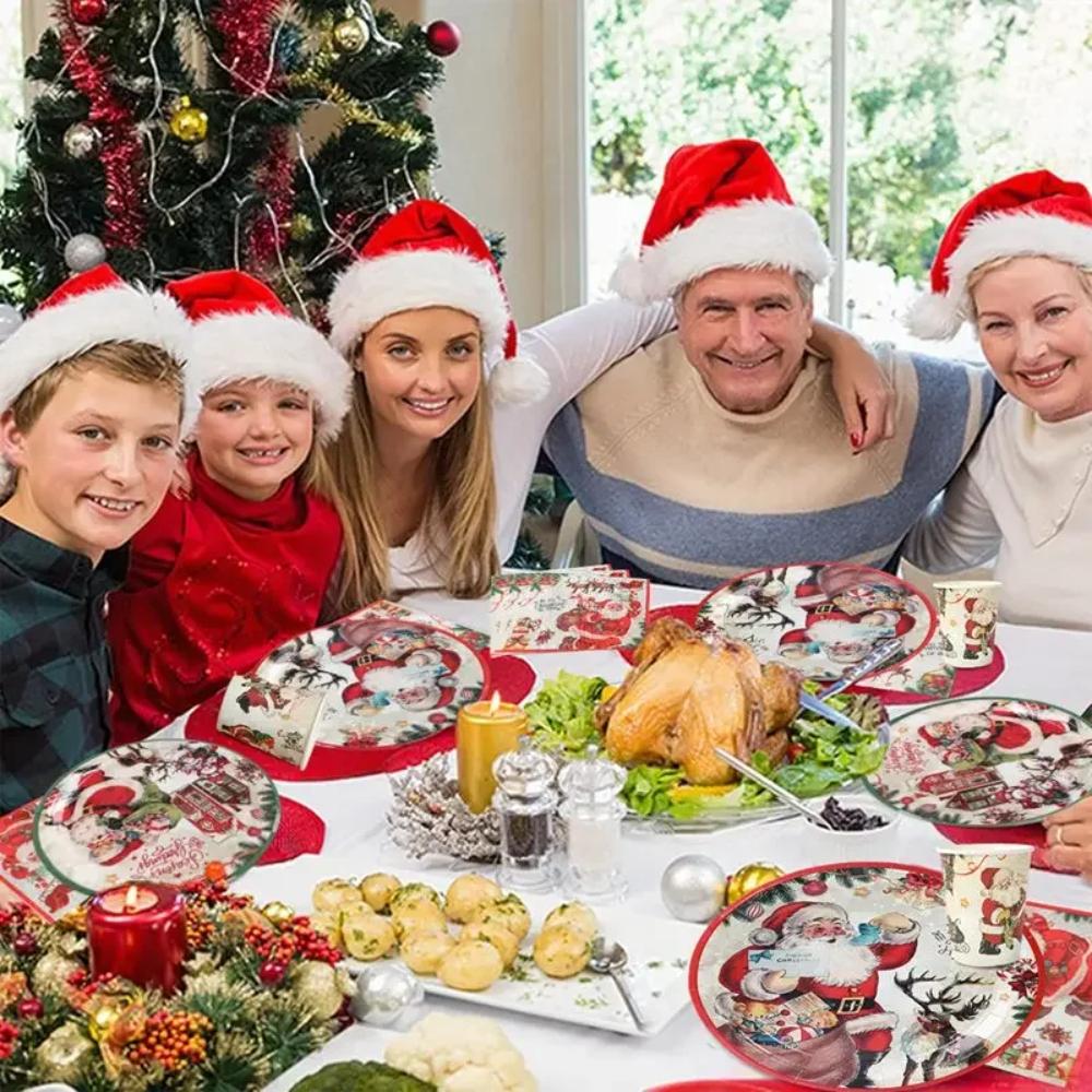 Thickened Christmas Disposable Tableware Set Santa Claus Print Paper Plate and Cups  New Year 2025