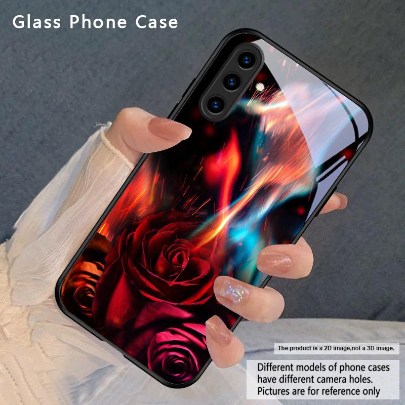 Brilliant Flame Rose For Samsung Galaxy S26 Ultra S25 Edge S24 FE S23 Plus S22 S21 S20 S22+ S24+ S25+ Black Glass Phone Case