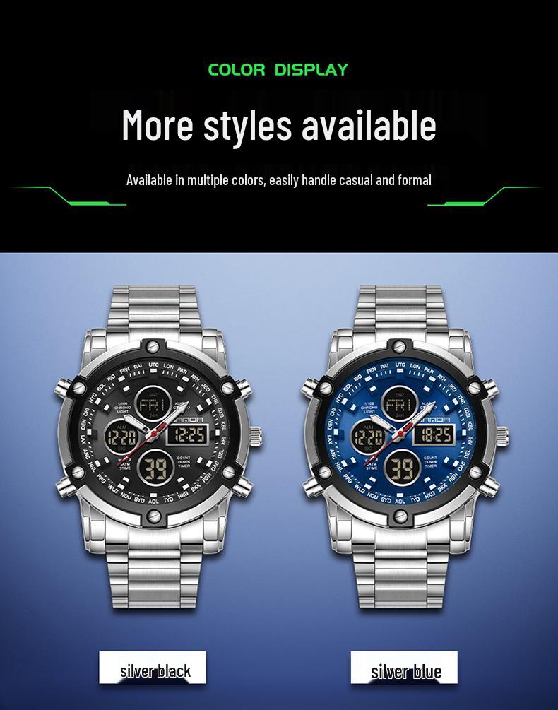 Sanda Dual Movement 5ATM Waterproof Multifunctional Steel Band Men's Watch with Alarm Clock