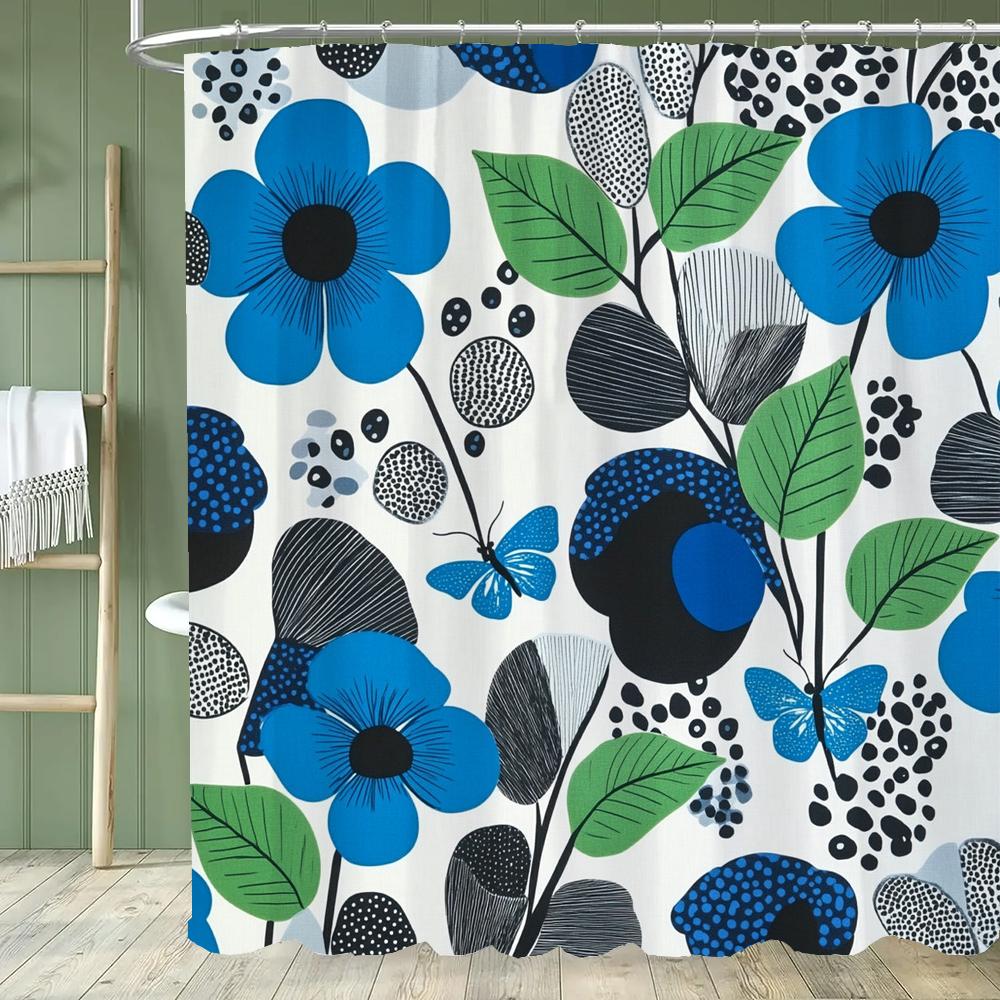 Blue Flowers and Butterflies Shower Curtain Bath Curtain Printed Polyester Floral Bathroom Curtains for Home Decoration Curtain