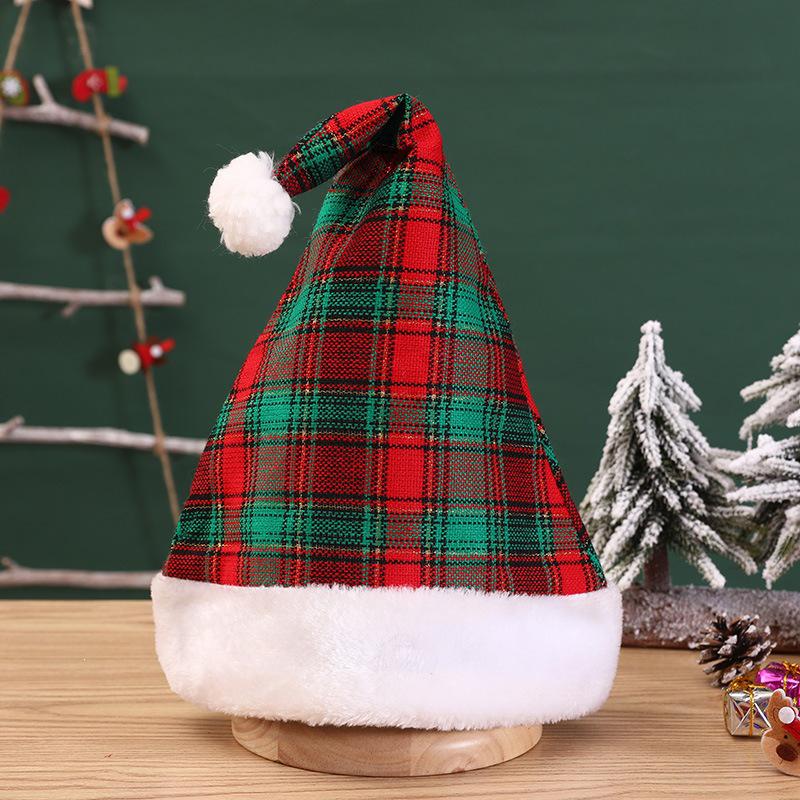 Red & Black Plaid Snowflake Santa Hat with Large Pom-Pom - New Christmas Decorations Set