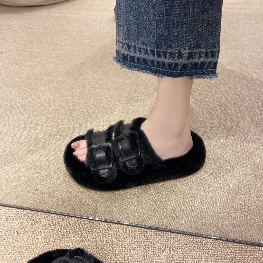 Fashion Thick-soled Women's Plush Warm Cotton Slipper Fall/winter Fashion Square Buckle Decorative Non-slip Casual Slipper Zapatos Mujer