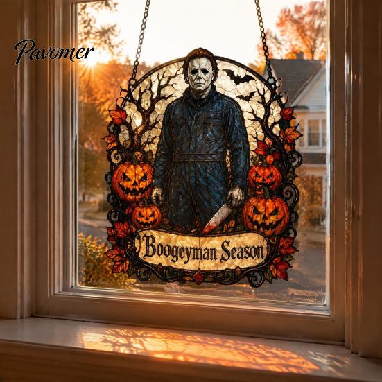 Porch Showcase Hanging Accents Halloween Decoration, 2D Michael Acrylic Suncatcher, Window Decor with Pumpkin Movie Fan Collection Gifts Tombstone,