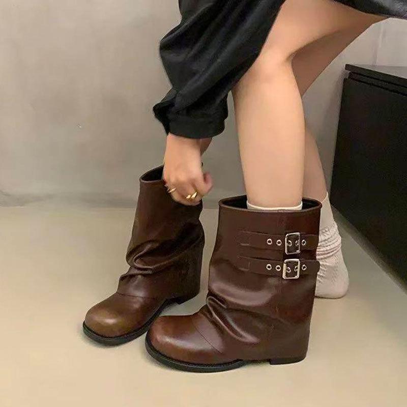 Retro Western Cowboy Boots Women's Autumn New Niche Short Martin Boots Versatile Explosive Folded Pile Boots