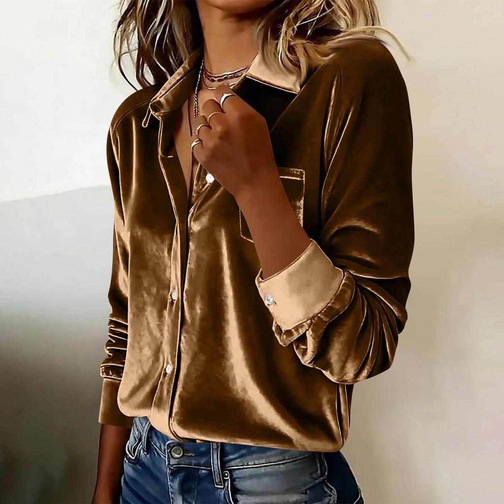 Damen Modisches Lässiges Langärmliges Kragenhemd Top aus Samt Übergröße