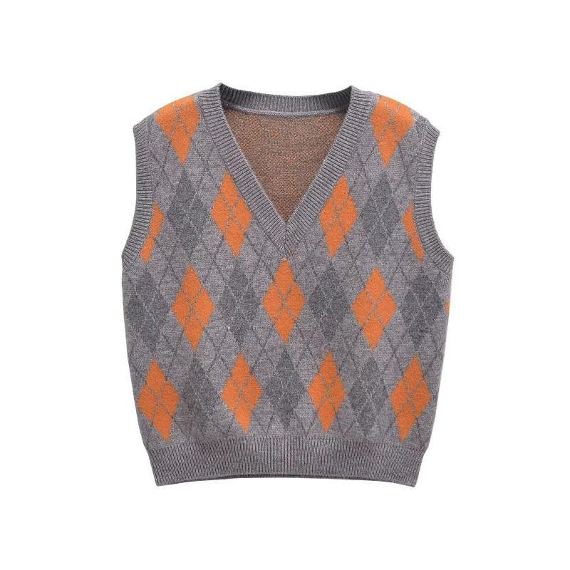 Winter Fashion Loose V-Neck Check Contrast Knit Vest Women