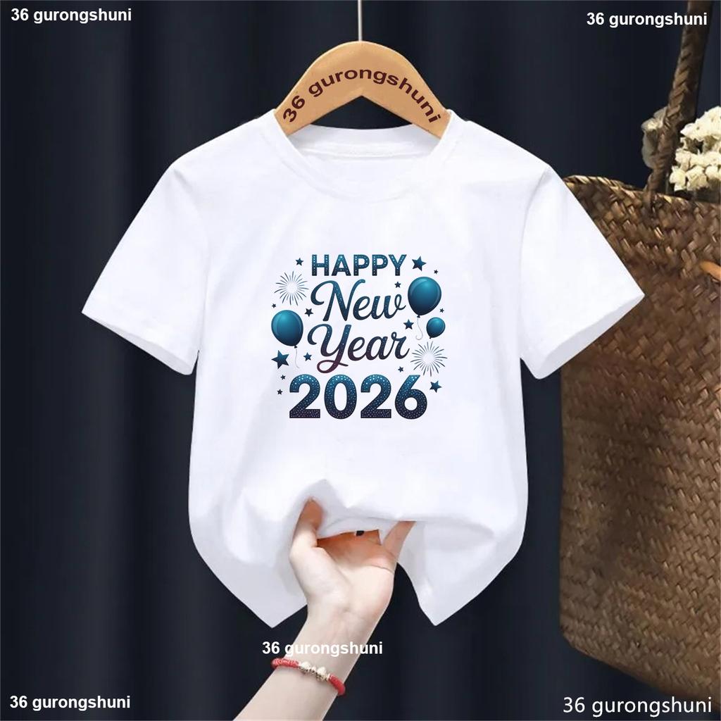 Happy New Year 2026 Graphic Printed T-shirt for Girls/Boys New Year Celebrate T-shirt Clothing Kids New Year Gift Tshirt Tops