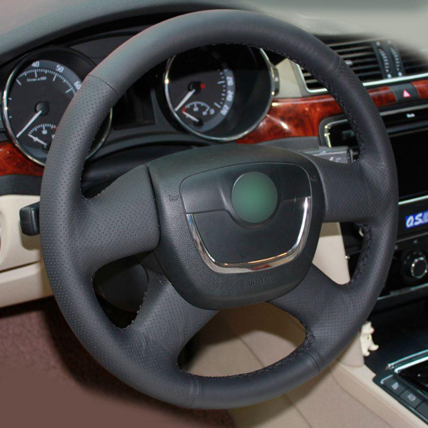 Hand-stitched Black Artificial Leather Steering Wheel Cover for Skoda Octavia 2009-2013 Citigo 2011-2012 Roomster Fabia