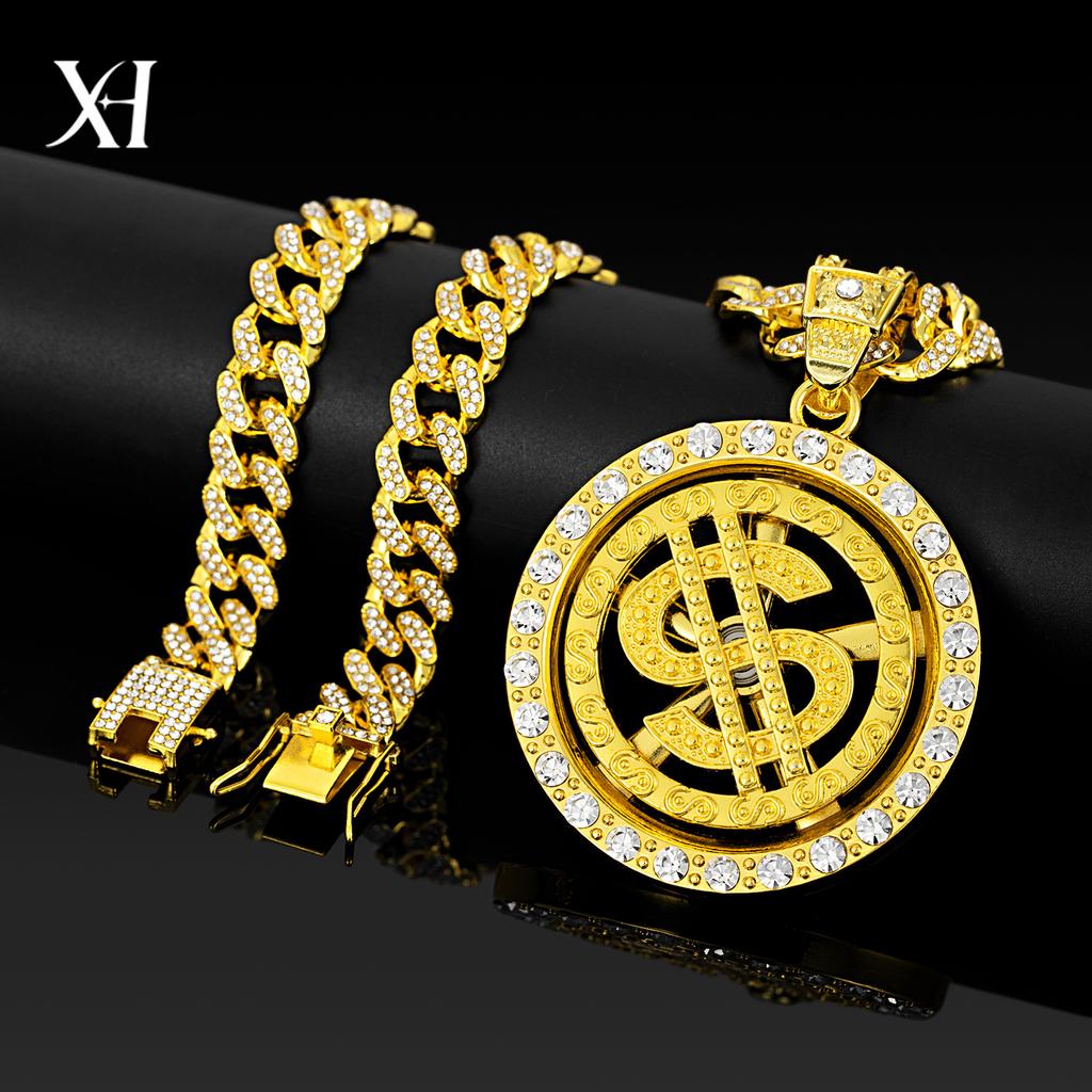 Classic 63mm Large Pendant, Rotating Dollar Sign, Hip-hop Necklace, Cuban Chain, Miami-style Large Chain
