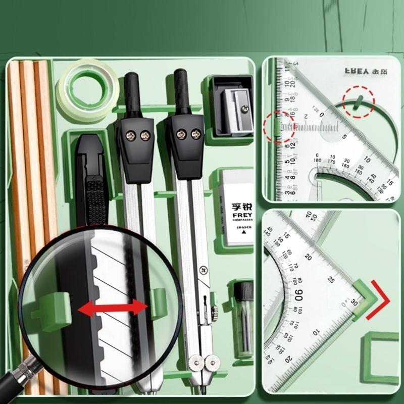 W89C Mathematik Geometrie Set-Sets 18-teiliges Schülermaterial Enthält Winkelmesser Radiergummi Winkelmesser Bleistift für Entwurf Zeichnung