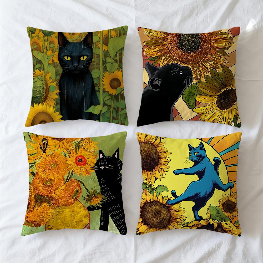 Cushion Cover Art Cat Soft Case For Sofa Living Room Sunflower Home Comfortable Office Decor Protective And Pillow Covers