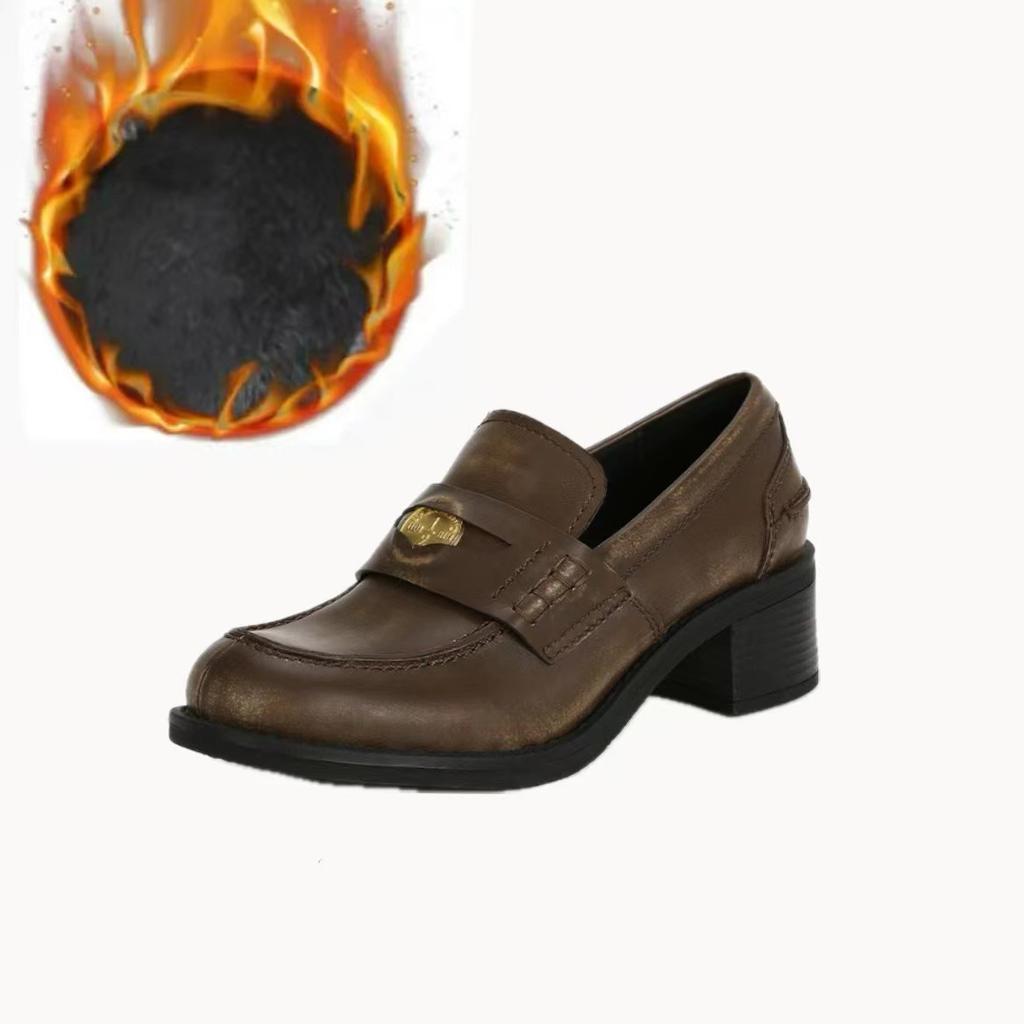 Whole Cowhide~ Retro Round Head Genuine Leather, Amiu Gold Coin Thick Sole Thick Heel Lazy Person One Pedal Loafers Women's Small Leather Shoes