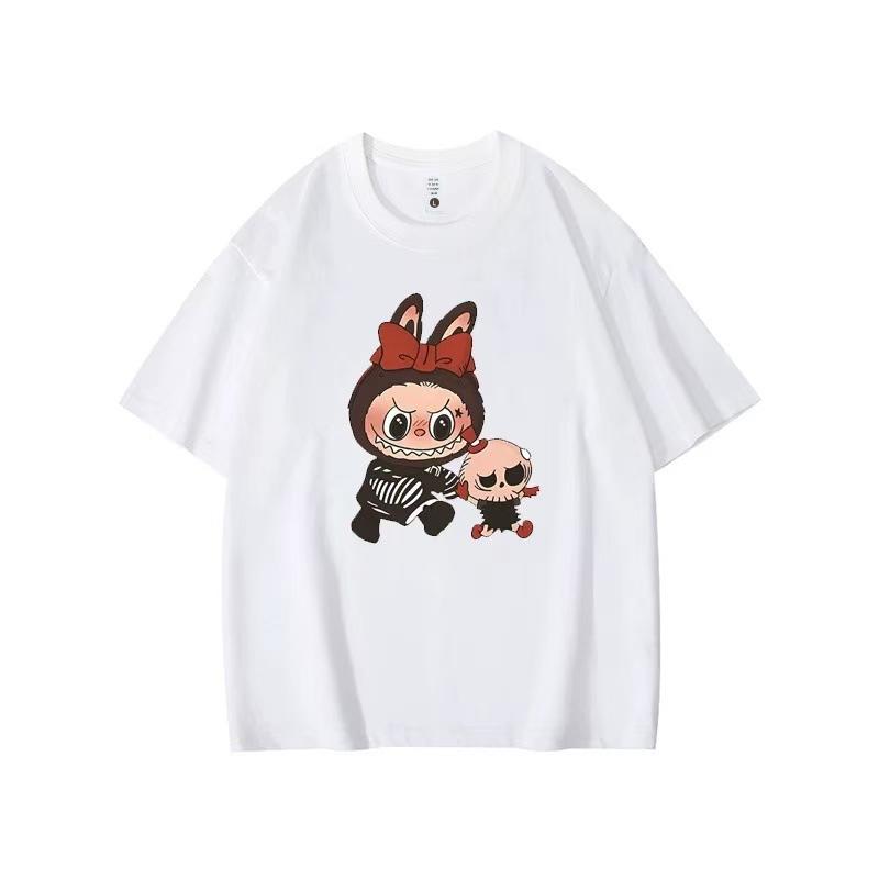 Summer Round Neck Labubu Pattern Printed Top Fashionable Casual Pure Cotton Short Sleeved Women's T-shirts