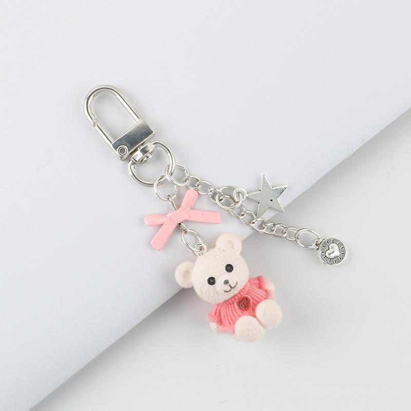 Lovely Flocking Bear Animal Keychain Pendant Mobile Phone Chains Fluffy Cute Bow Star Bag Hanging Ornaments Accessories Gifts