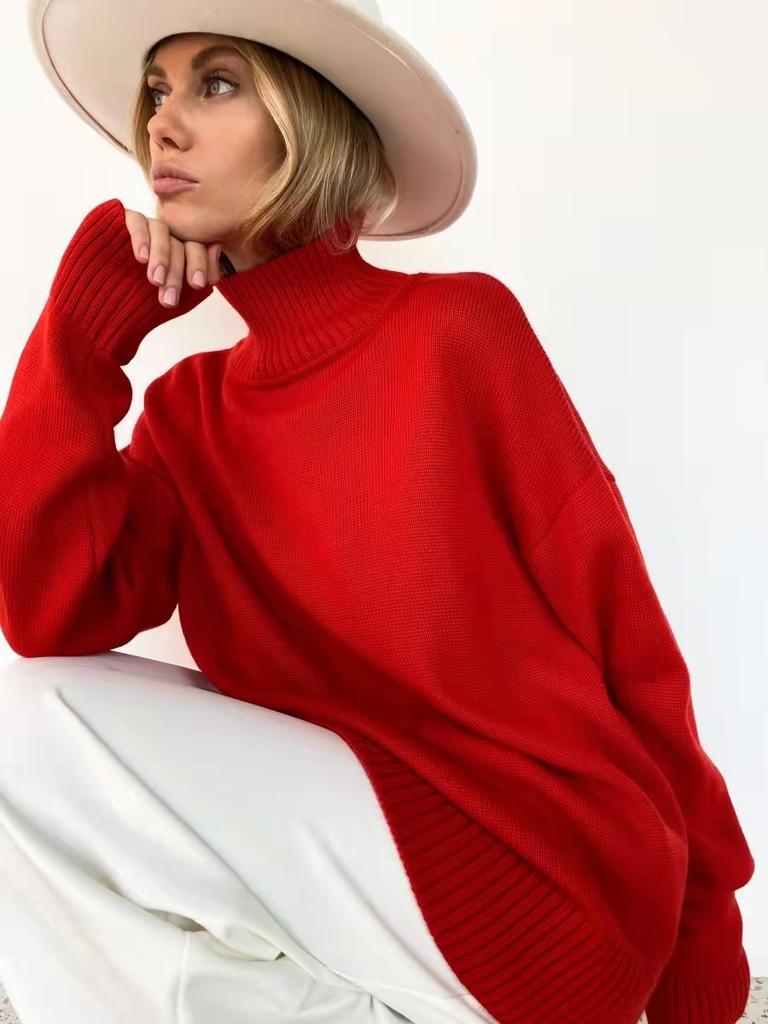 Turtleneck Knitted Sweater Women's Autumn and Winter Thickened Solid Color Loose Long-sleeved Pullover Sweater Women's Hot Words