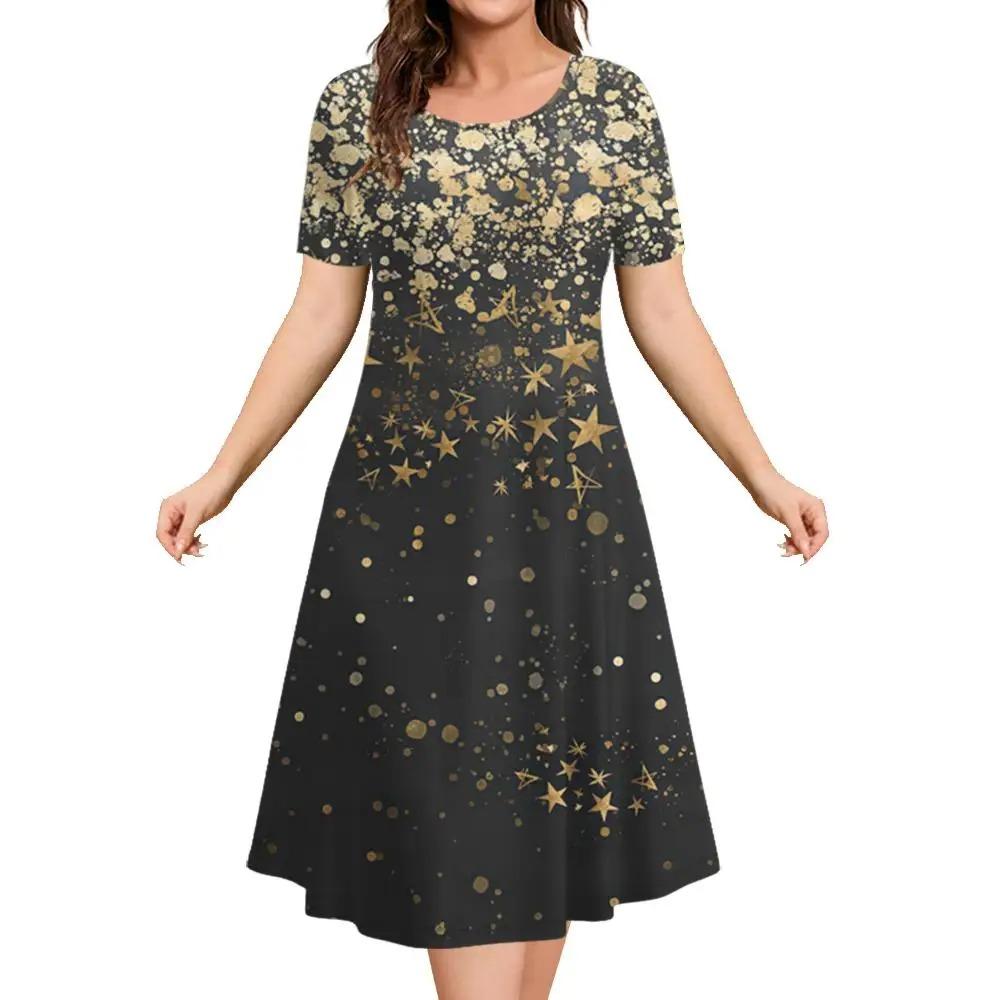 Fashionable and elegant women's dress short sleeved O-neck casual vacation party dress 3D printed A-line dress