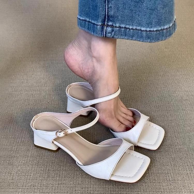 Soft leather version~ Simple temperament thick heel square head sandals women's retro versatile skirt elegant fashion commuter sandals