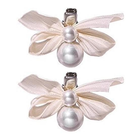 2Pcs Kids Hairpins Ribbon Bow Faux Pearls Decor Baby Hair Clips Rounded Edges Gentle Clamping Force Mini Size Hair Pins