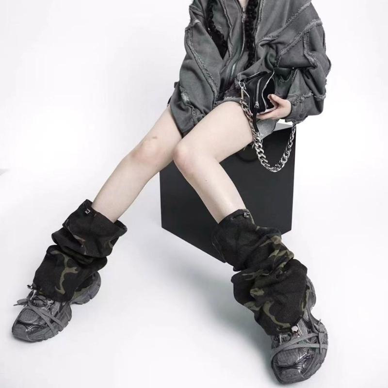 Harajuku Punk Leopard Layered Ruffle Leg Sleeves for Women Aesthetic Ties Bandages Leg Warmers Flared Boot Cover Socks
