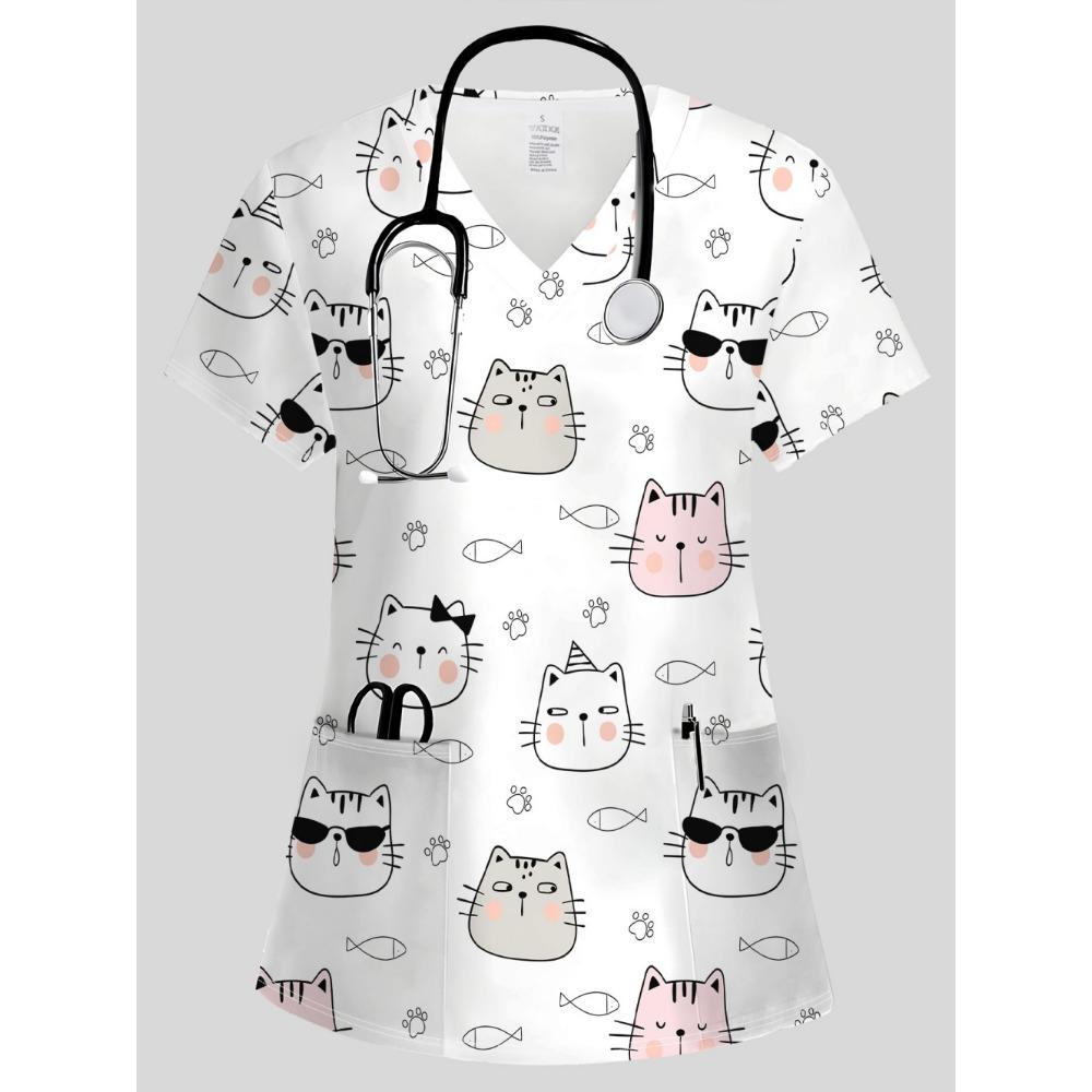 Summer Womens Fashion V-Neck Short Sleeve Uniform Pockets Tops Cute Cat Pattern Print Comfortable Vet Clinical Uniforms Woman