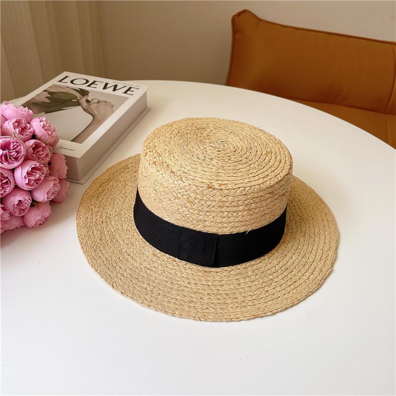 Raffia Boater Hats Women Summer Hat with Ribbon Band flat top Sun Hat Wide Brim Beach Hat Ladies Canotier Hat