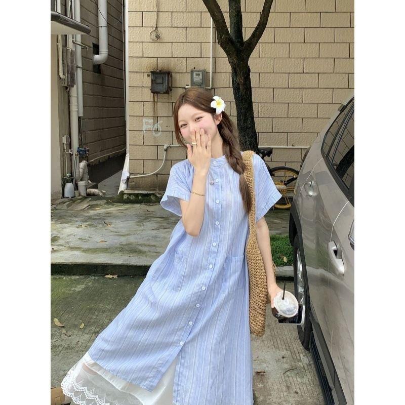 Large size college style sweet stacking suit women's summer 2026 striped shirt dress wide-leg pants skirt two-piece set