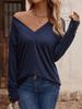Einfarbiges, lockeres Langarm-T-Shirt mit V-Ausschnitt und Button-Down-Oberteil