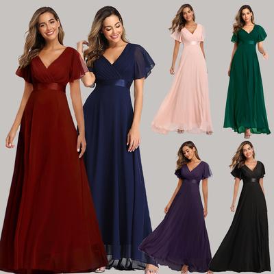 Summer Spring V Neck Flared Sleeve Chiffon Dress Elasticity Plus Size Evening Gown Hand Pleated A Line Bridesmaid Dress