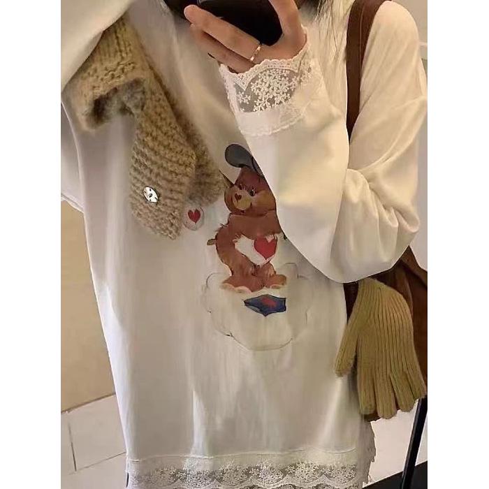 

Корейское кружевное платье-футболка средней длины свободного кроя с мультяшным медведем 2XL белый