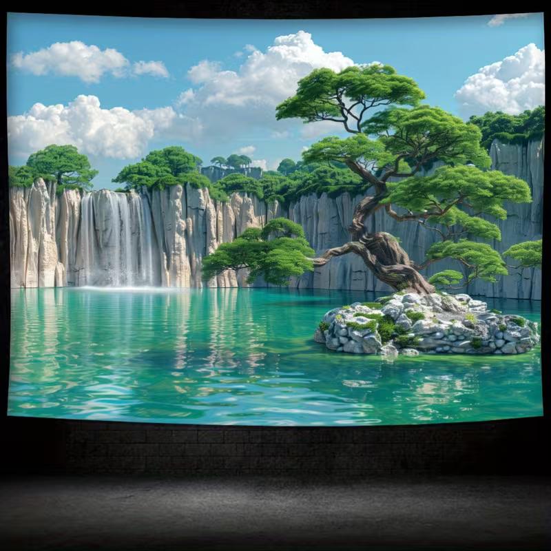 2D Zen Bonsai Baum auf Seeinsel Wandteppich Wasserfall Natur Kunst Wanddekoration Stoff für Zuhause & Schlafzimmer