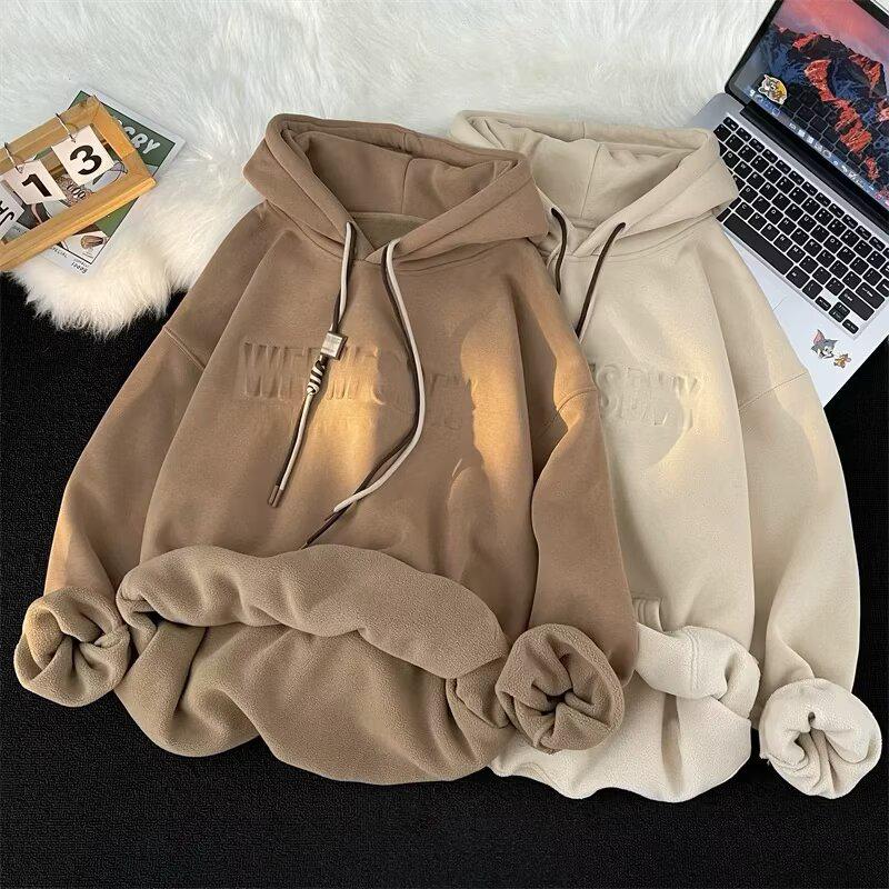 Herren Oversized Schwerer Hoodie - Herbst/Winter Trendiger Lockerer Schnitt mit Plus Samt und Gestempeltem Design