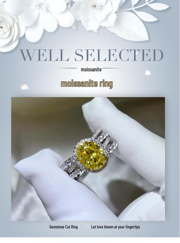 Yellow Moissanite 3 Carat Ring: European American Fashion, Cross-border Hot Selling, Colored Gem Over-Diamond Design.
