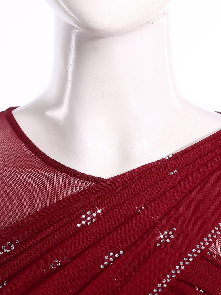 Dames Kunstschaats Leotard Jurk Gerimpelde Mesh Overlay Strass Onregelmatige Zoom Openbare Kruis Bodysuit