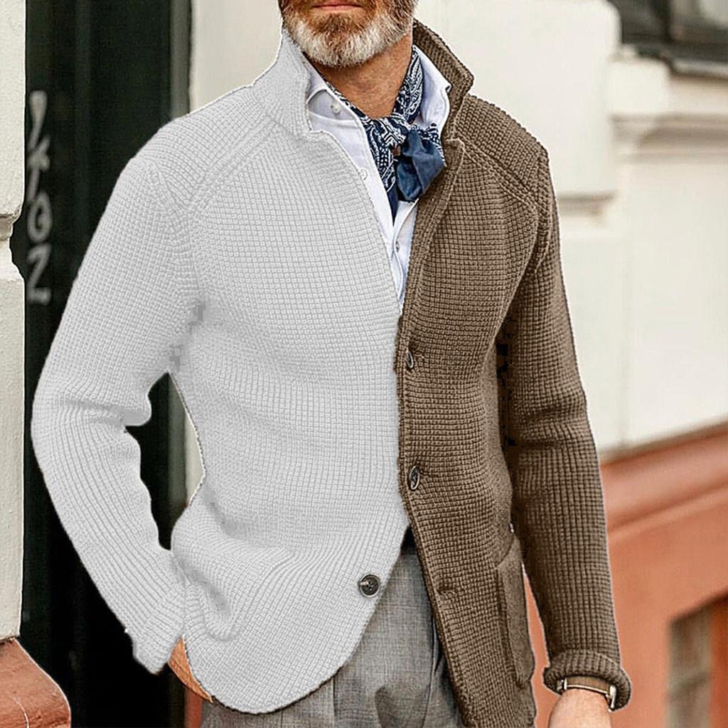Herre Cardigan Fargeblokkert Slim-Fit Ståkrage Langermet Strikket Yttertøy