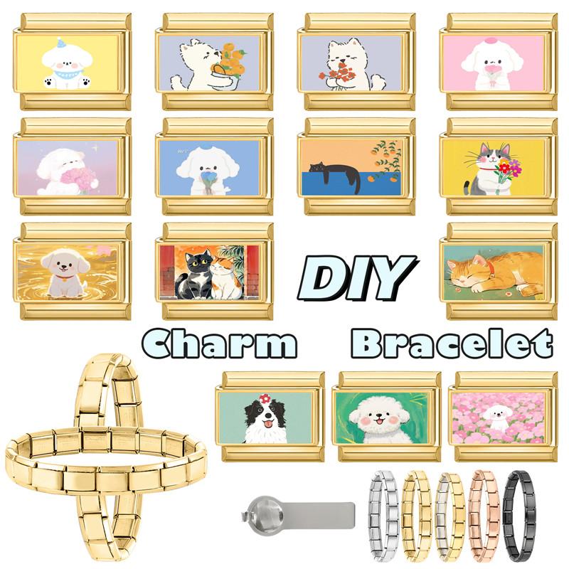 New Lovely Cat Dog Flowers Gold Color Italian Charm Links Fit 9MM Stainless Steel Bracelet Women Men DIY Making Christmas Gifts