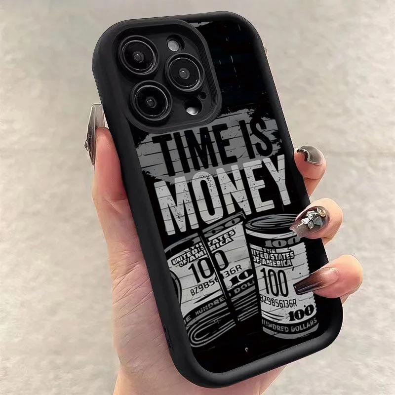 Luxury Phone Case For iPhone 16 15 14 12 11 13 Pro Max Time is Money Printed Soft Cover For iPhone 16E 15 16 Plus 7 8 Case Cover