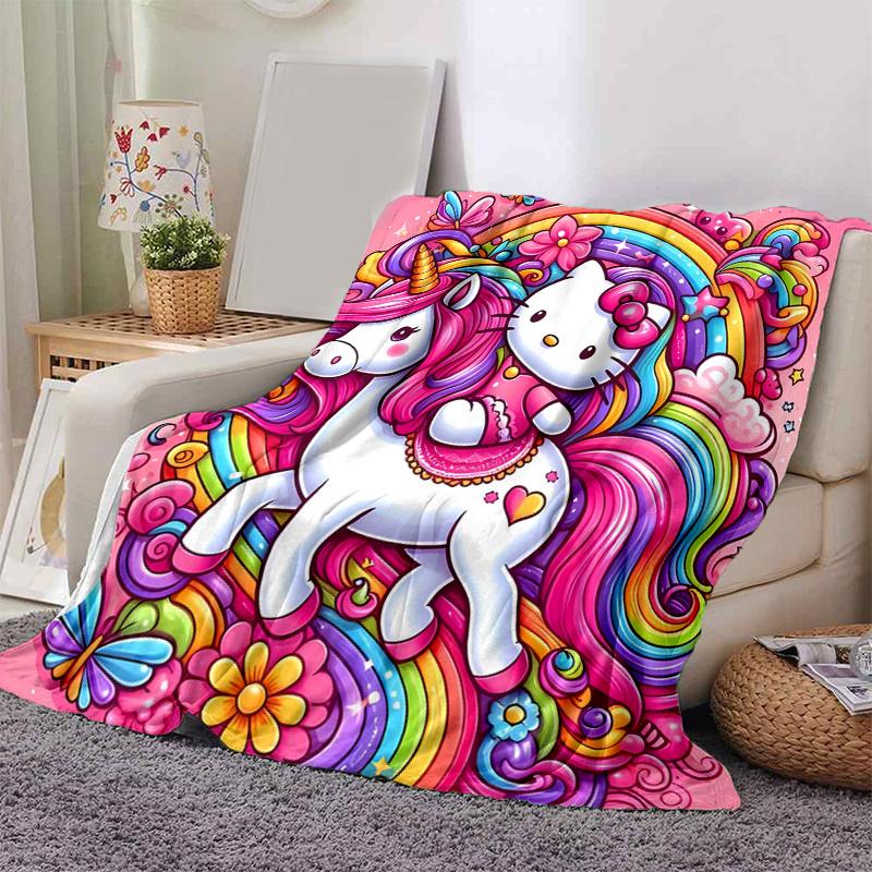 1pc Hello Kitty Riding a Unicorn Cartoon Blanket, Soft Throw for Home Decor, Gift Idea, Living Room, Travel, Camping, Car Blankets, Beach, Office Naps