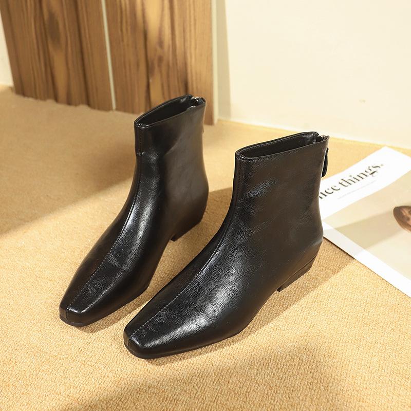 2025 Autumn and Winter New Imitation Leather French Retro Pointed Thin Boots Women's Low Heels and Bare Boots Martin Boots Thick Heel Short Boots