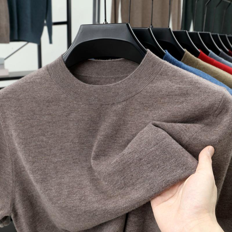 Men's 100% Wool Round Neck Sweater - Solid Color, Long Sleeve, High-End Casual Base Layer for Autumn/Winter