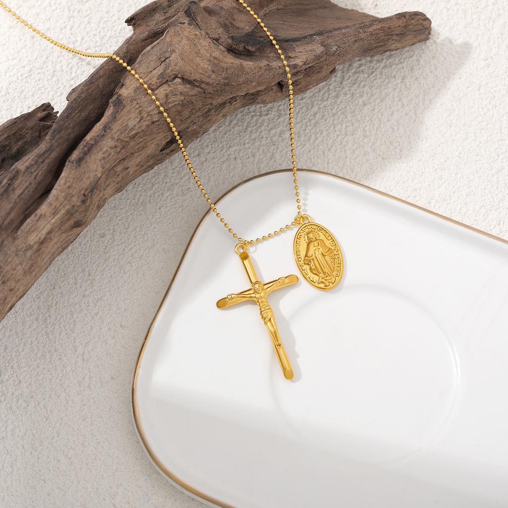 Vintage Cross Pendant Necklace Multi-layer Necklace Beautiful Head Round Bead Chain Collarbone Chain