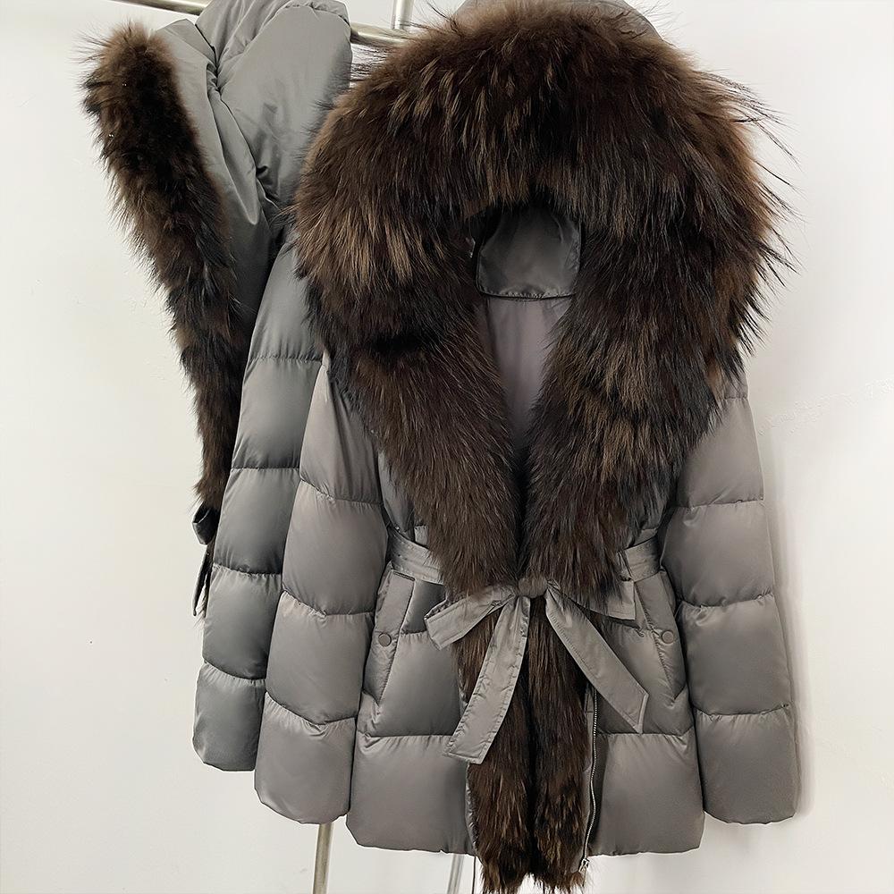 Winter lace-up hooded loose thickened coat women's retro versatile temperament real fox fur collar duck down jacket