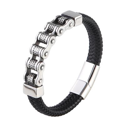 Punk Locomotive Chain Leather Bracelet Men Stainless Steel Punk Clasp Bangle for Friend Charm Jewelry