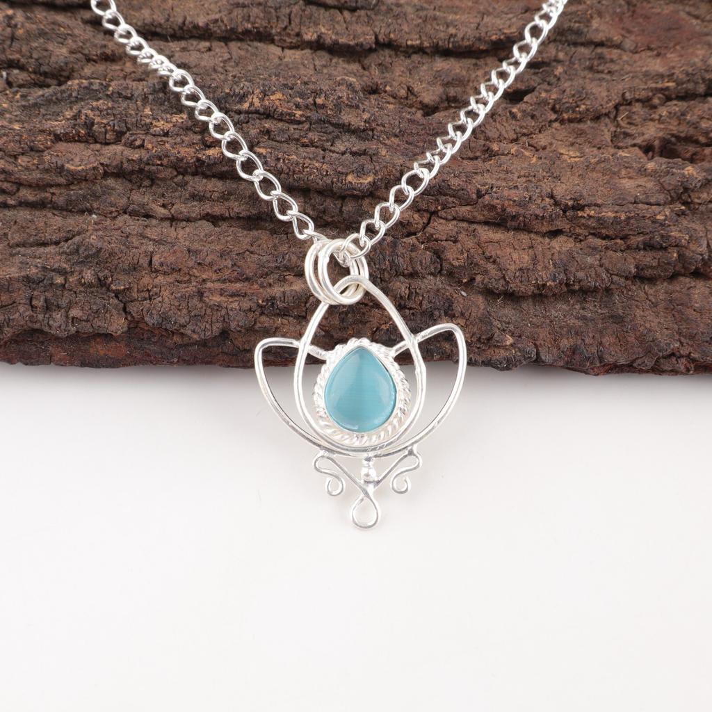 Blue Cat's Eye Gemstone 925 Sterling Silver Jewelry Handmade Pendant For Gift PP-38-48