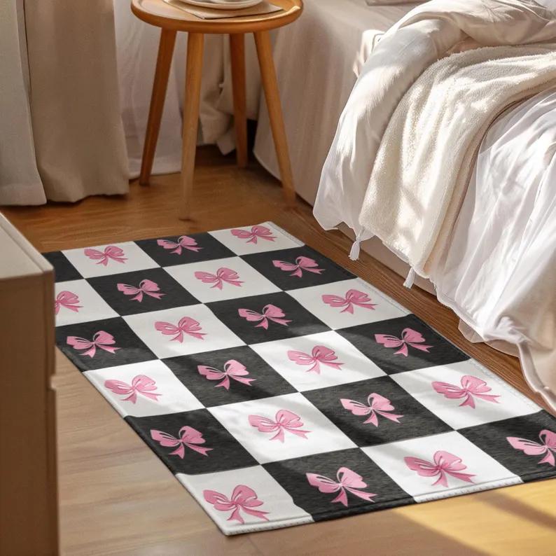 Růžový koberec ve tvaru srdce s mašlí pro děti Sladký a útulný design Dekorace domu Koberce