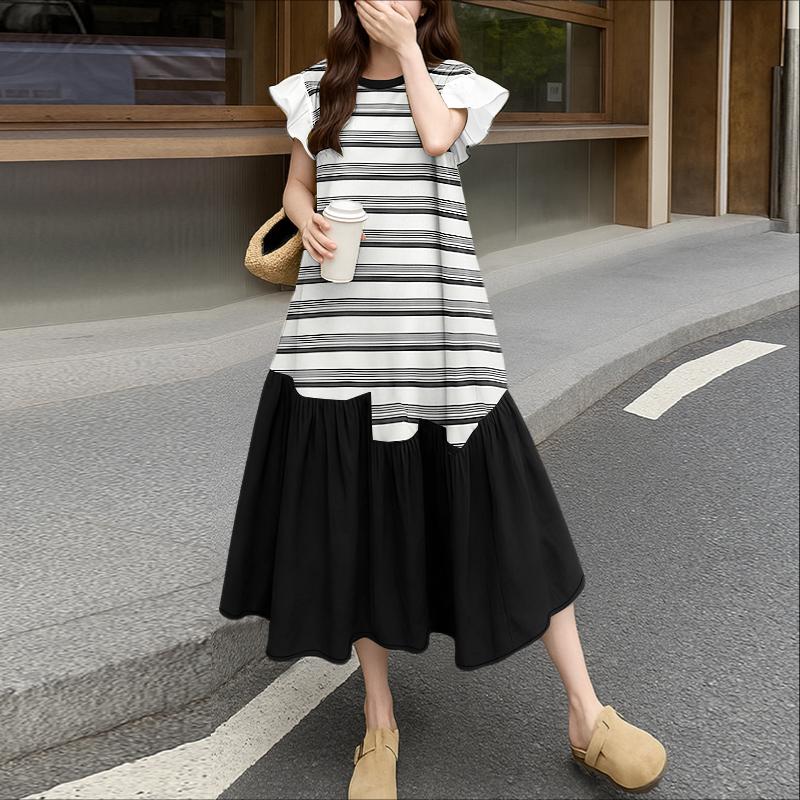 

ZANZEA Women Round Neck Ruffles Short Sleeve Casual Stripe Patchwork Long Dress 5XL чёрный
