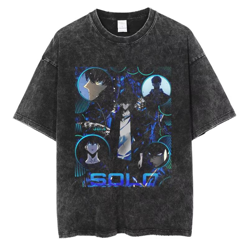 Anime Solo Leveling Sung Jin Woo Print Washed T Shirt Men Vintage T-shirts Oversized TShirt Harajuku Tops