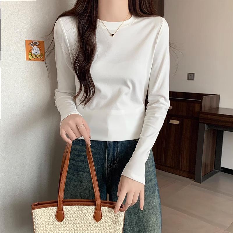 Amerykańskie retro elastyczne dopasowane T-shirt z długim rękawem na prawe ramię dla kobiet jednolity kolor okrągły dekolt podstawowa koszulka bazowa zakrywająca ciało