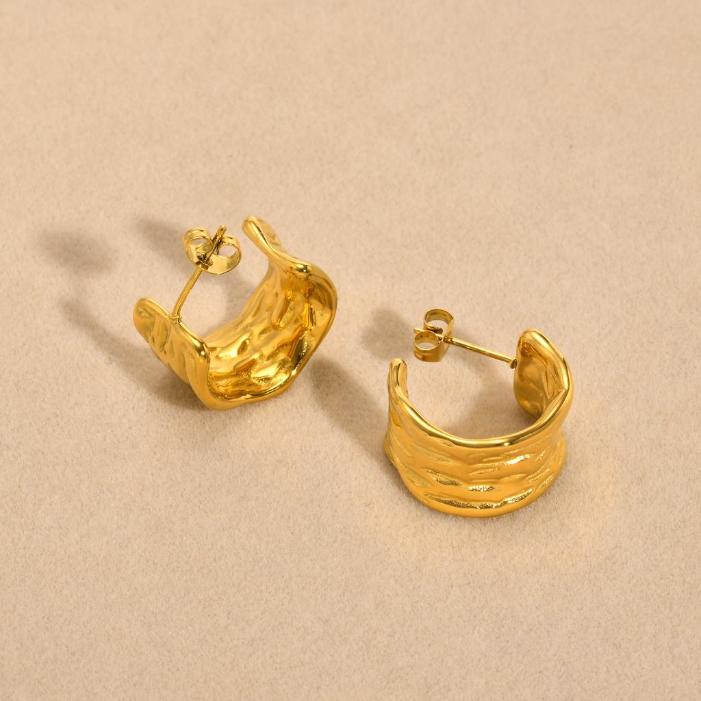 Stainless Steel C Shape Stud Earrings for Women Geometric Irregular Wrinkle Texture Large Gold Color Earrings Fashion Earring