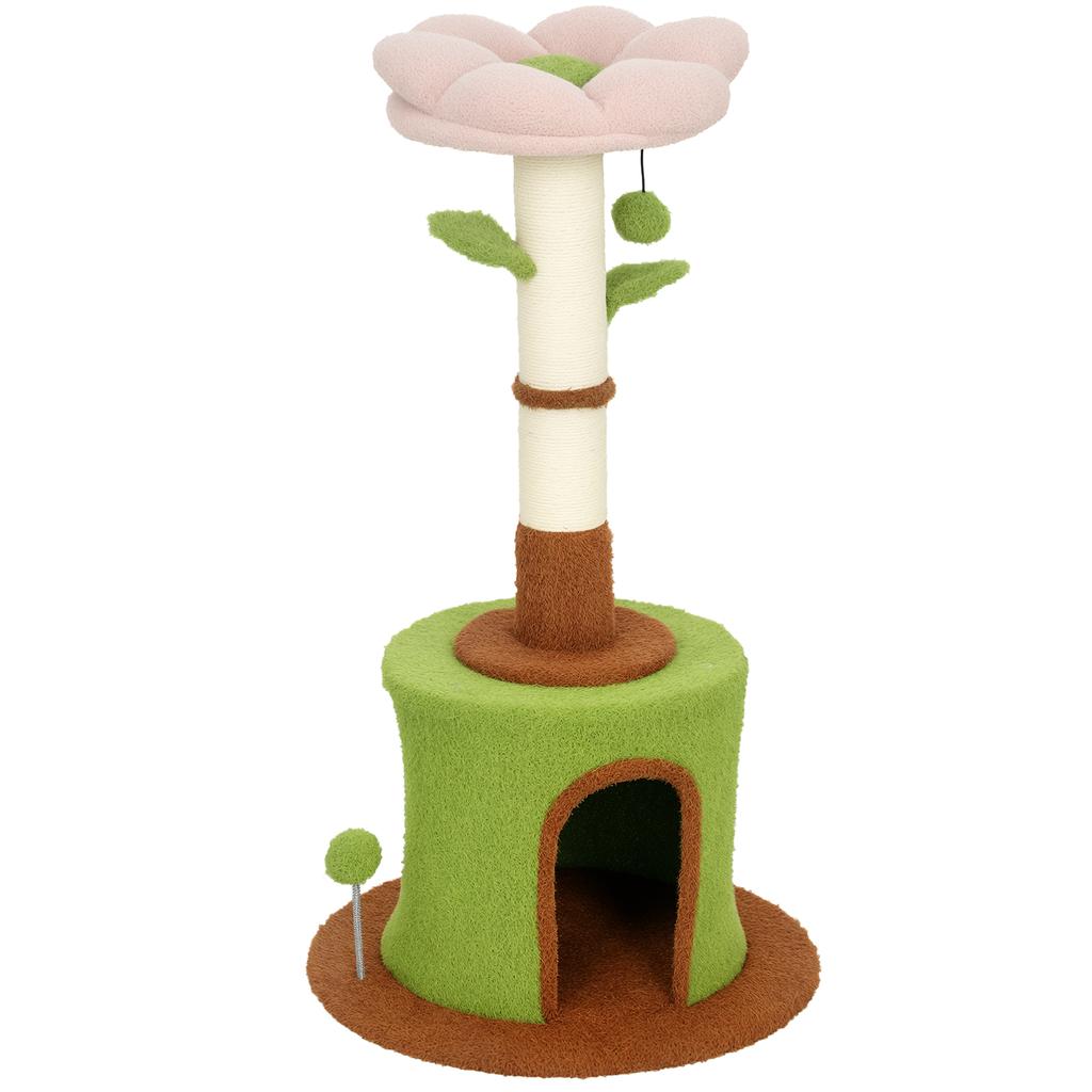 Cat Tree for Indoor Kittens, 88cm Flower Cat Tower with Condo & Bed, Scratching Post, 2 Toy Balls and 2 Crinkle Leaves